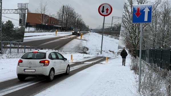 Znaki B-31 oraz D-5 występują w parach – jeden po jednej strony zwężenia, a drugi po drugiej stronie