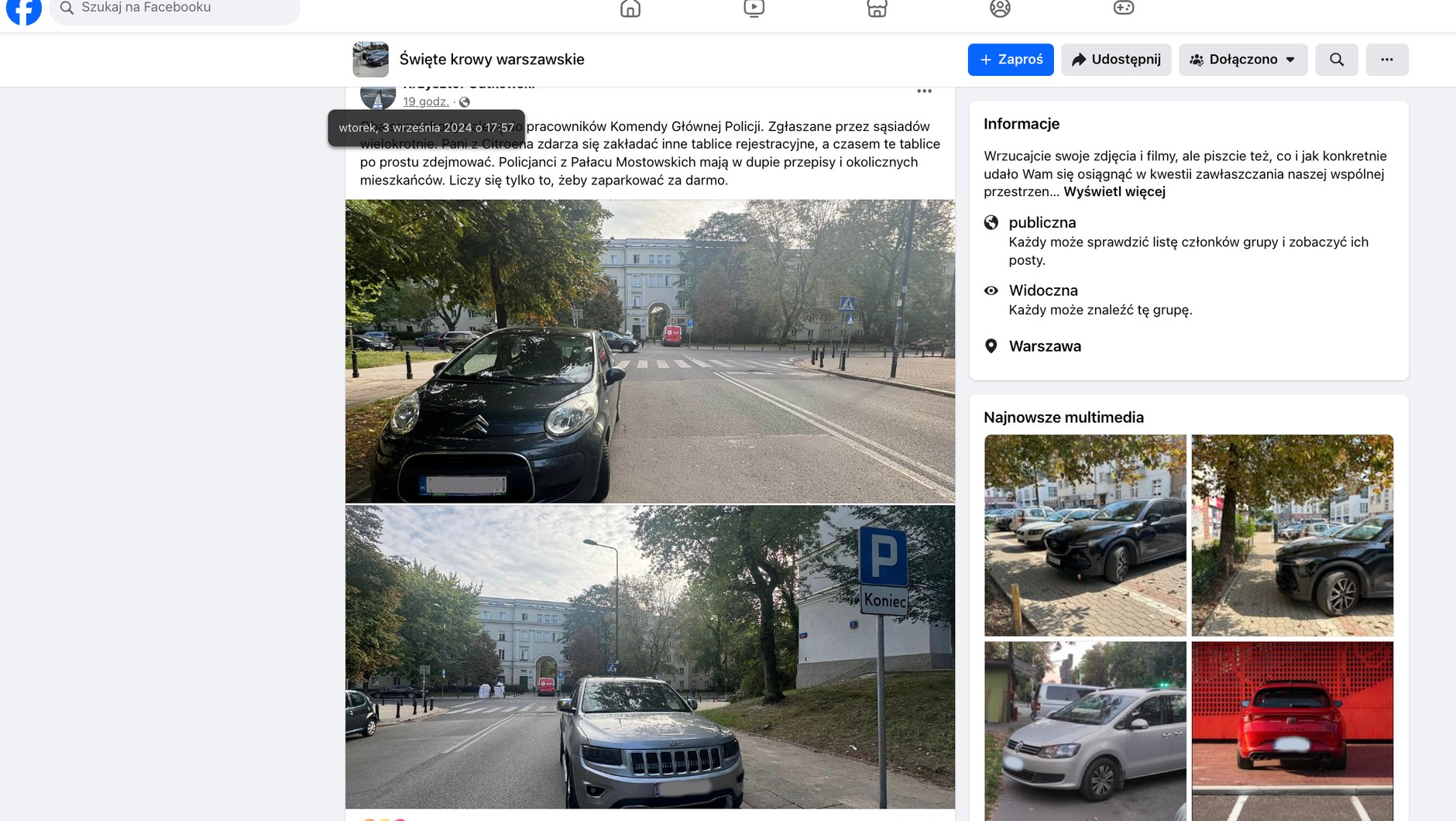 Aktywiści piętnują nieeleganckie parkowanie w mediach społecznościowych (zrzut ekranu ze strony Facebook.com)