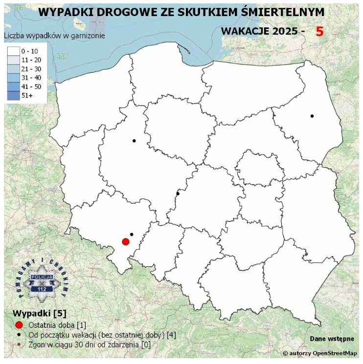 Policyjna mapa wypadków po dwóch dniach wakacji 2025 r.