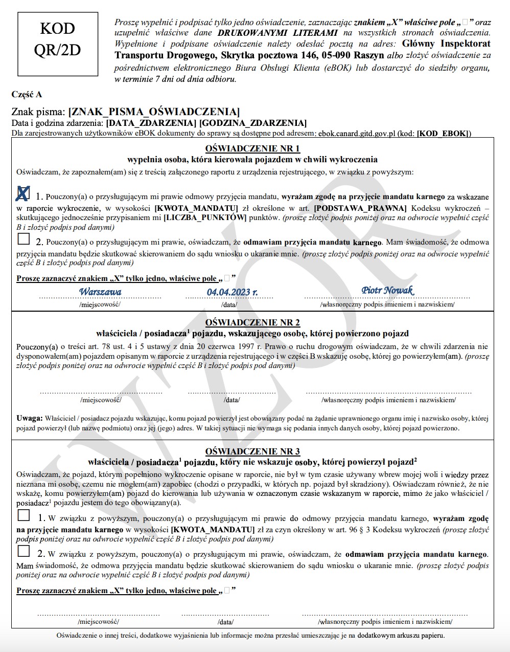 Wzór oświadczenia w sprawie kierującego zarejestrowanego przez fotoradar