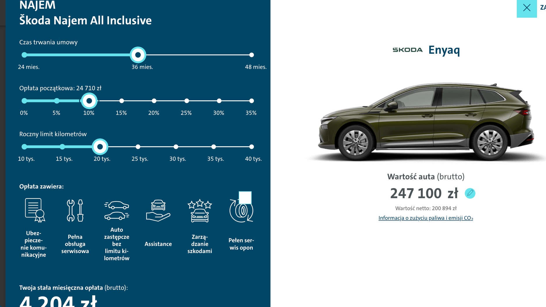 Dość wysoka rata najmu jak na samochód o wartości 247 tys. zł – poglądowe koszty podawane przez kalkulator internetowy VWFS