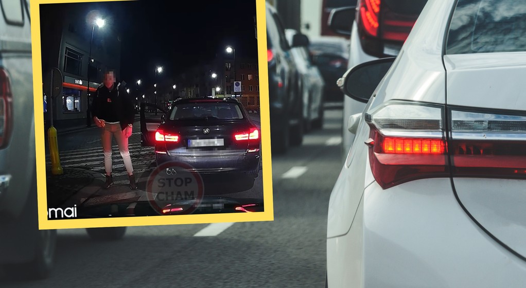 Nysa. Kierowca bmw zatrzymał się i wyskoczył z samochodu. W ręku miał kawałek pizzy (youtube.com/@STOPCHAM)