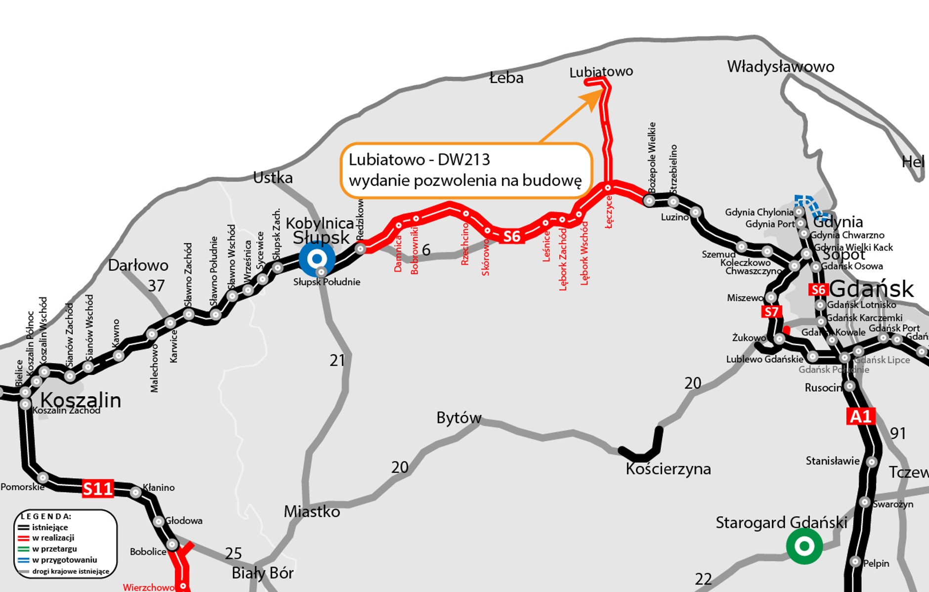 Mapa ostatniej mili w ramach drogi krajowej do elektrowni na odcinku Lubiatowo-DW213