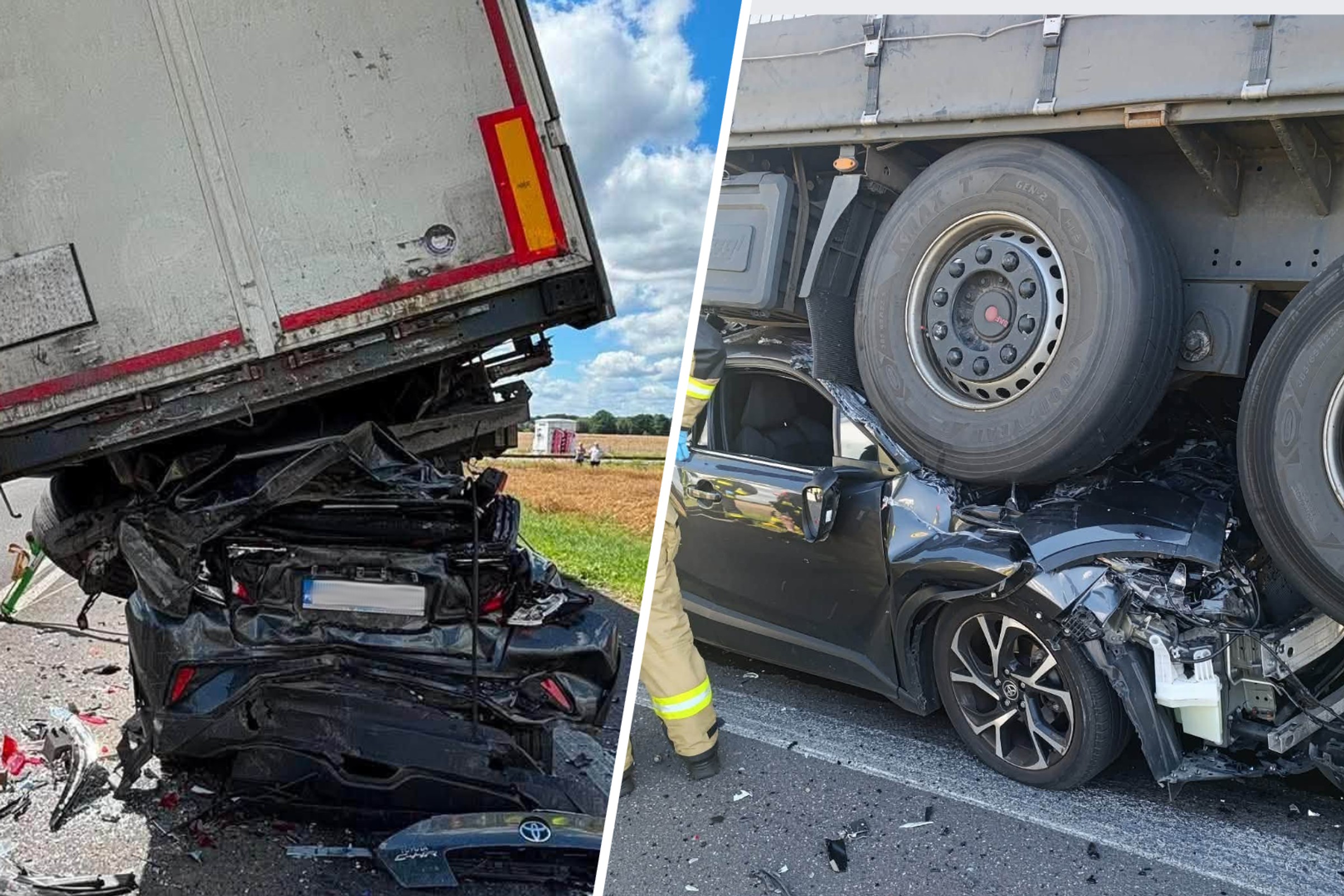 Toyota wepchnięta pod naczepę tira. Szokujący widok, ale auto wytrzymało