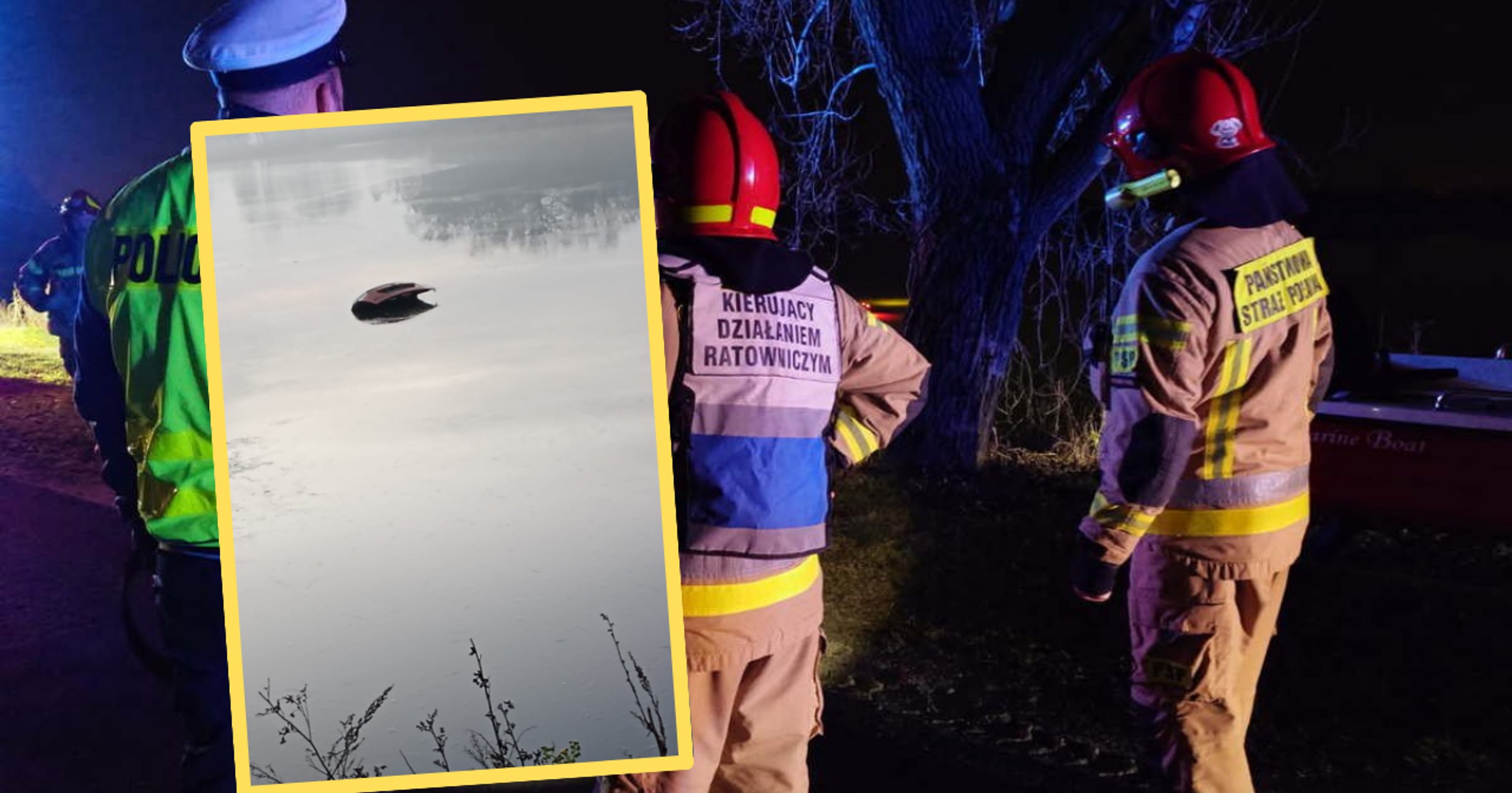 Elektryczny peugeot wpadł do stawu w Dankowicach (zdjęcie w ramce: facebook.com/KMPSPBielsko)