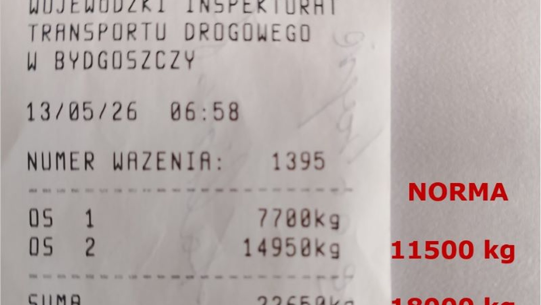Wyniki ważenia pojazdu