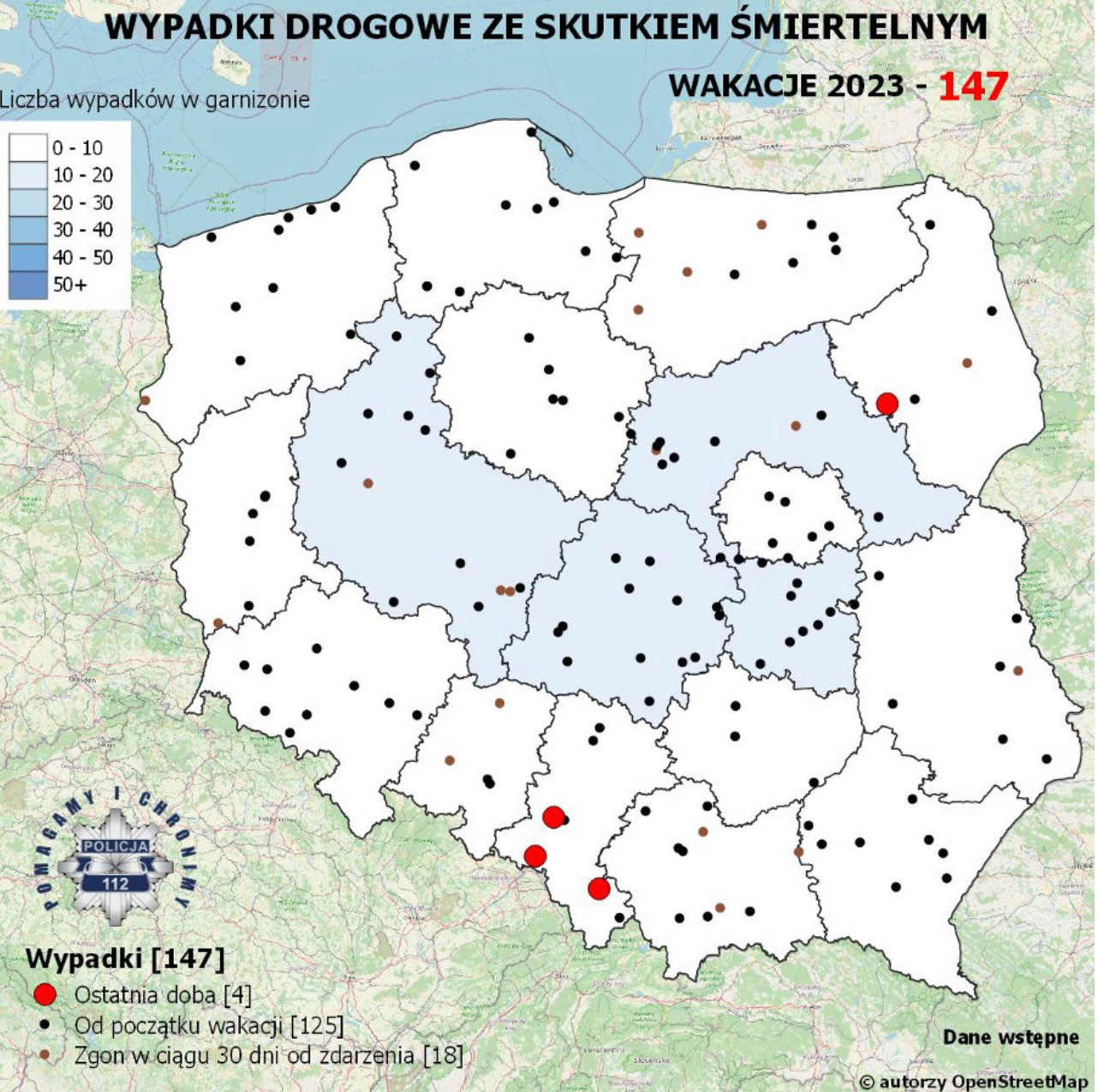 Policyjna mapa wypadków śmiertelnych – stan na 19 lipca 2023