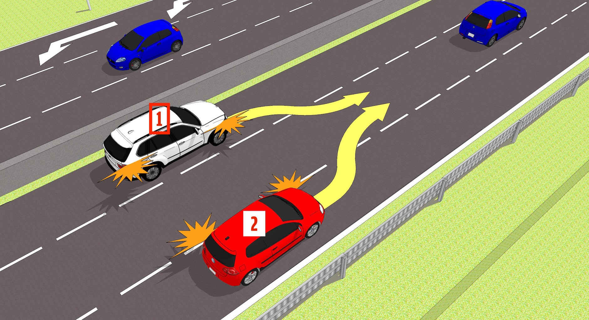 W sytuacji takiej zmiany pasa ruchu pierwszeństwo zawsze ma samochód z prawej strony. Kierowca z lewej musi poczekać na swoją kolej