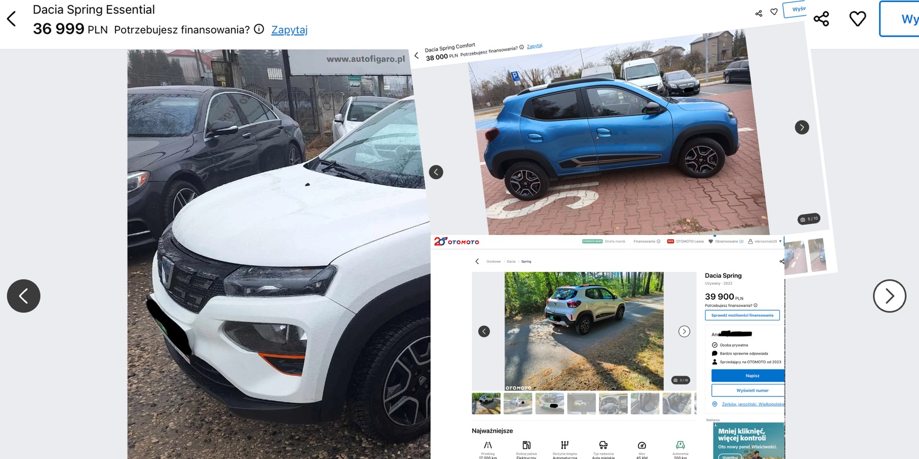 Ogłoszenia na Otomoto.pl – wśród młodych samochodów na prąd do najtańszych należą Dacie Spring. Auta z 2022 roku z przebiegiem od kilkunastu tys. km można kupić w cenie poniżej 40 tys. zł