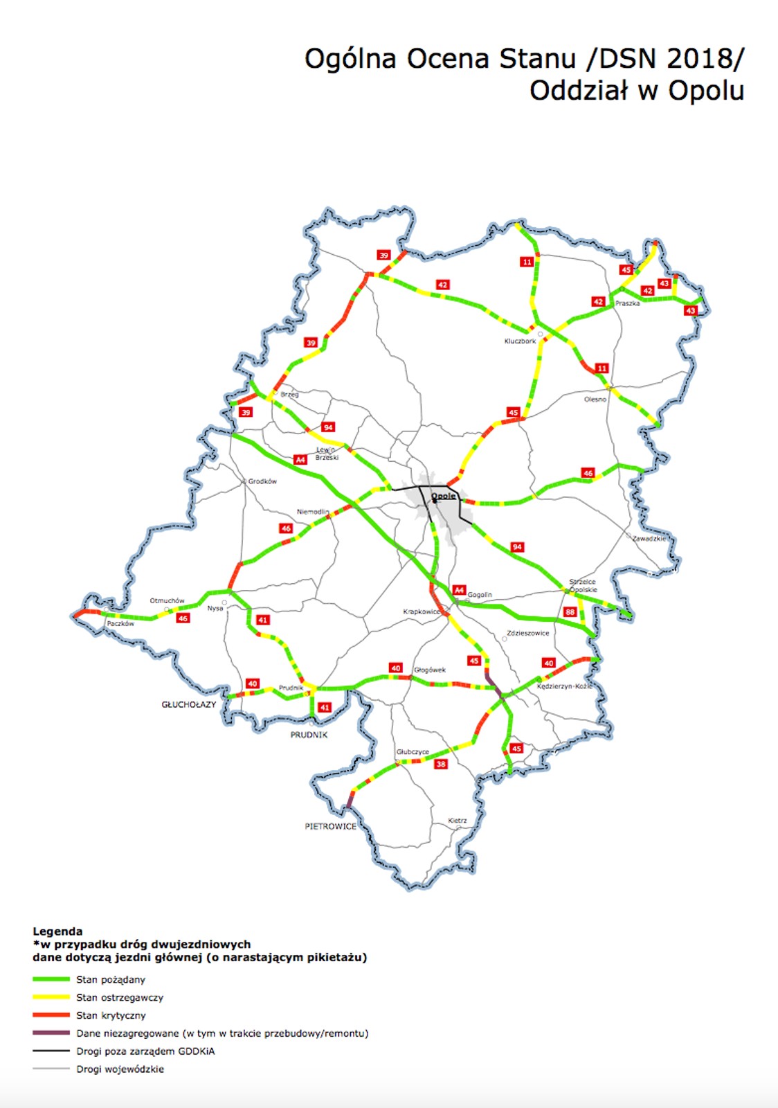 Mapy poglądowe z ogólną oceną stanu technicznego nawierzchni w poszczególnych oddziałach GDDKiA