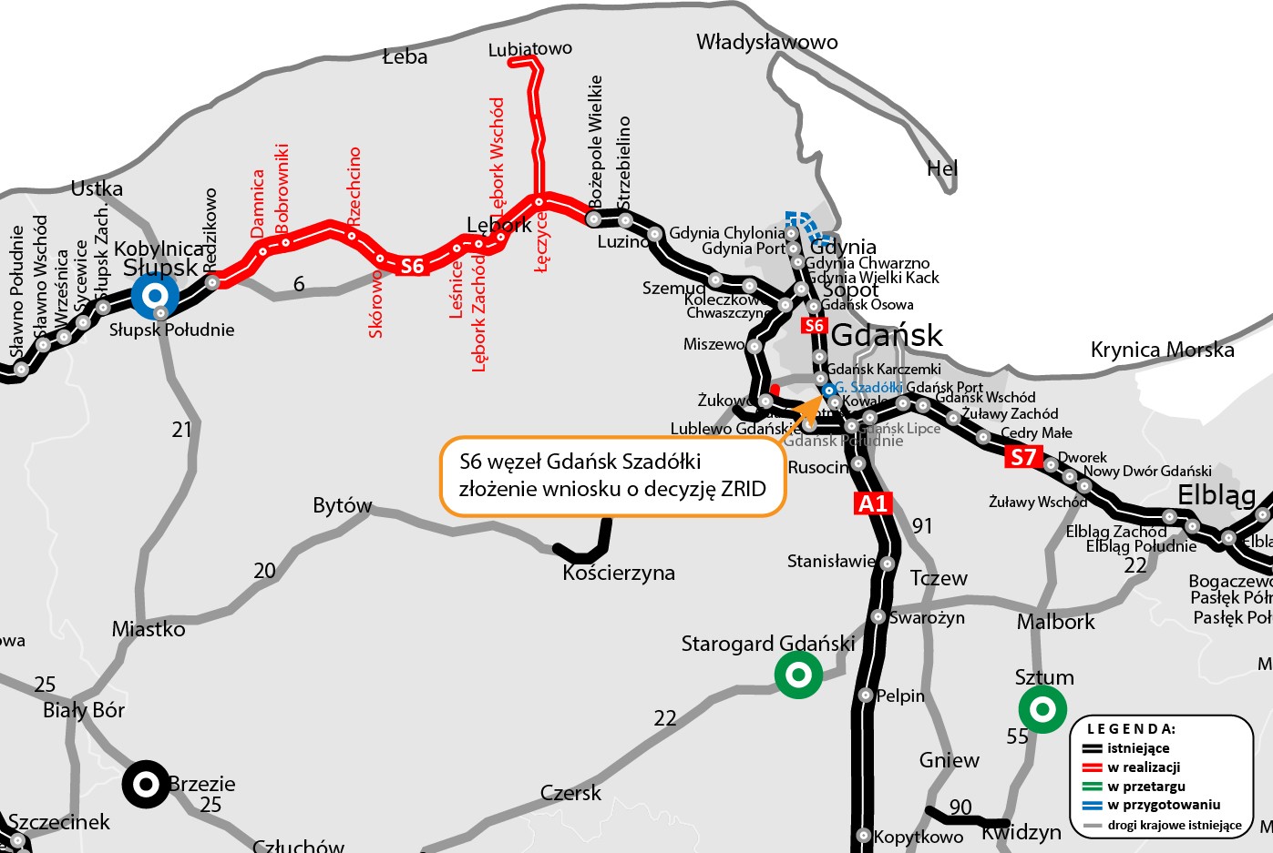 S6 węzeł Gdańsk Szadółki - mapa