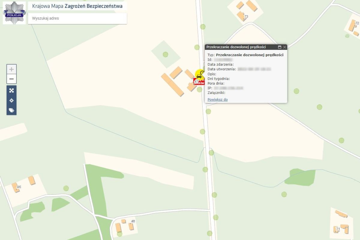 Miejsce niebezpieczne oznaczone jako przekraczanie dozwolonej prędkości