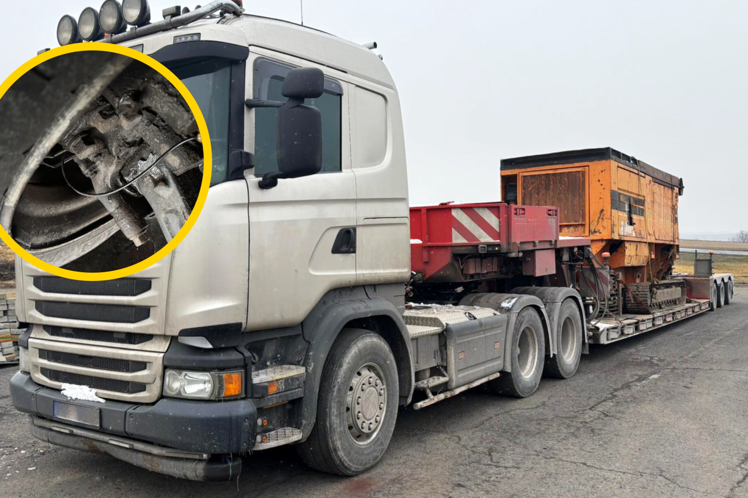 Maszyna do przewozu drewna i tir bez tarczy hamulcowej. Inspektorzy ITD mają co robić