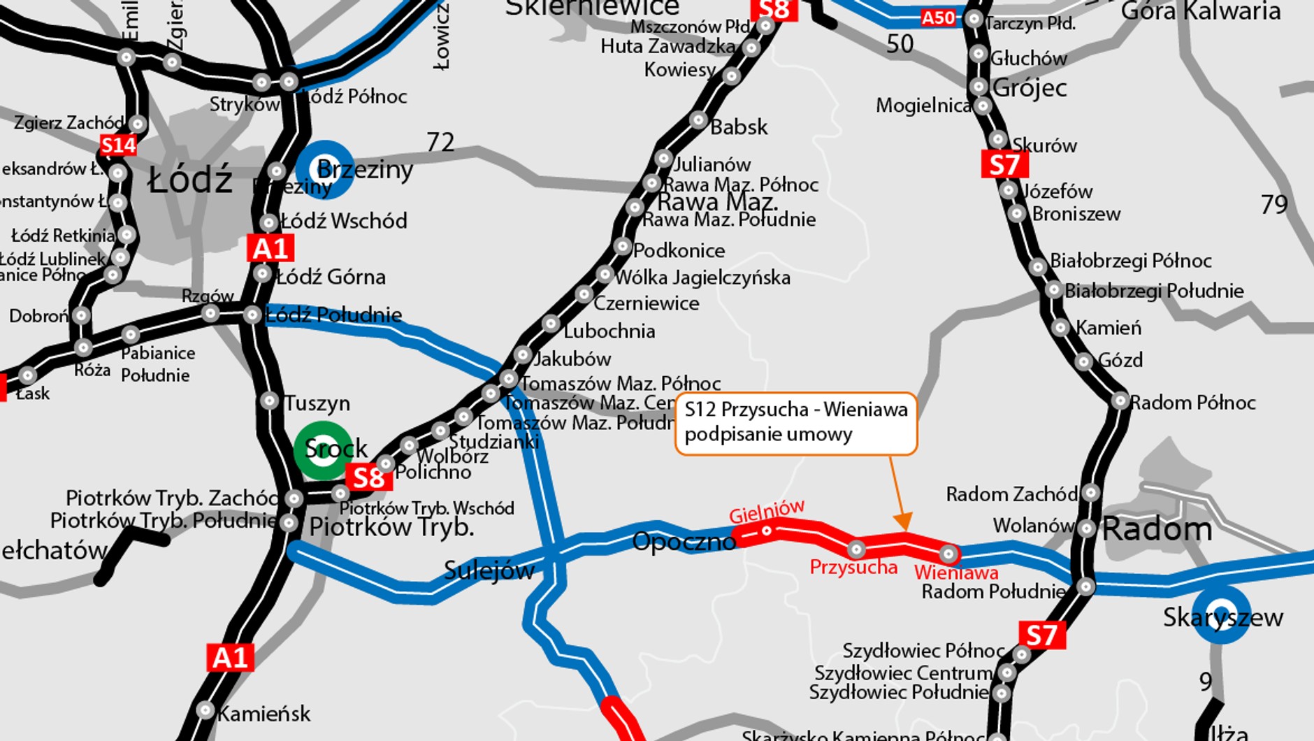 Przebieg trasy S12 i stopień realizacji odcinków