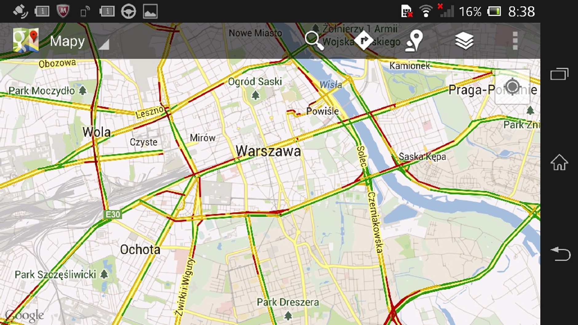 Wyświetlanie korków w nawigacji Google.