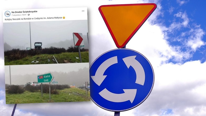 Kolizja na sławetnym "rondzie im. Adama Małysza" w Cedzynie