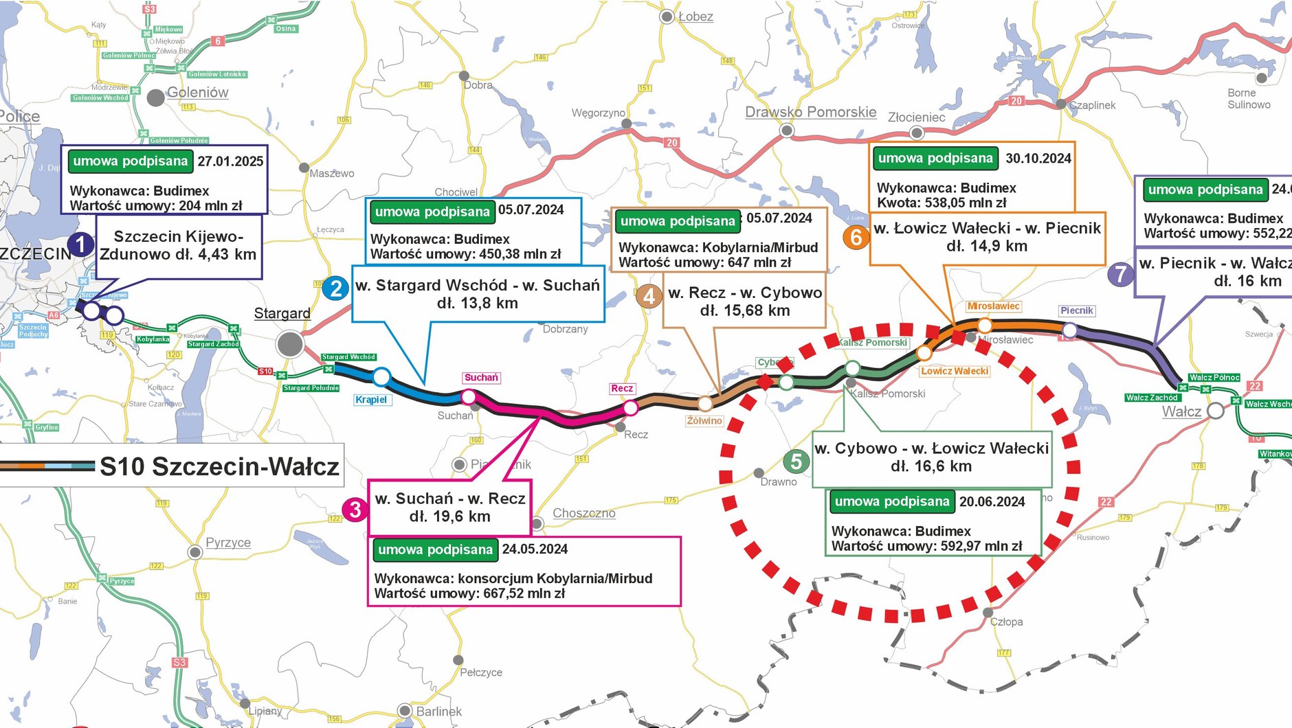 Mapa odcinków drogi S10 z zaznaczeniem odcinka Cybowo-Łowicz Wałecki