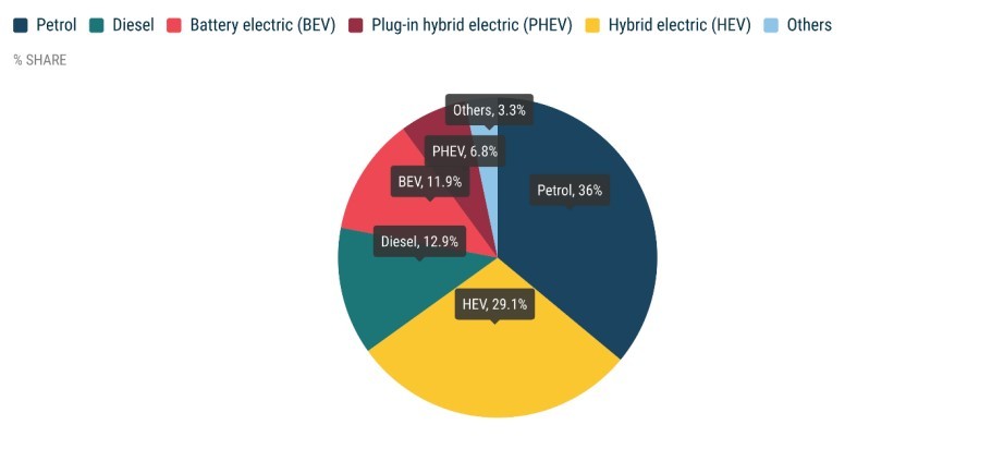 Udział rodzaju napędu w sprzedaży nowych samochodów w Europie. Kwiecień 2024 r.