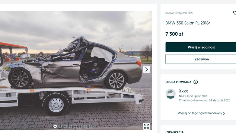 W popularnym serwisie ogłoszeniowym pojawiła się oferta sprzedaży rozbitego BMW. Czy to wrak radiowozu po tragicznym wypadku?
