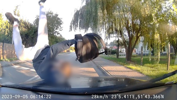 Przechodząc po pasach, nawet nie podniósł głowy. Skończyło się saltem na masce [WIDEO]
