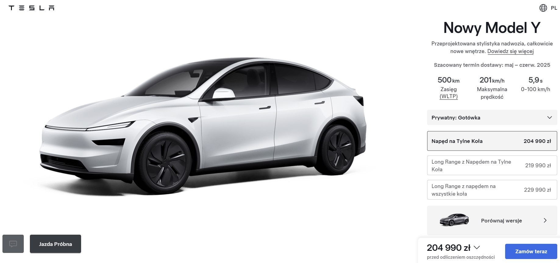 Aktualne ceny odświeżonej Tesli Model Y w Polsce (13.03.2025)