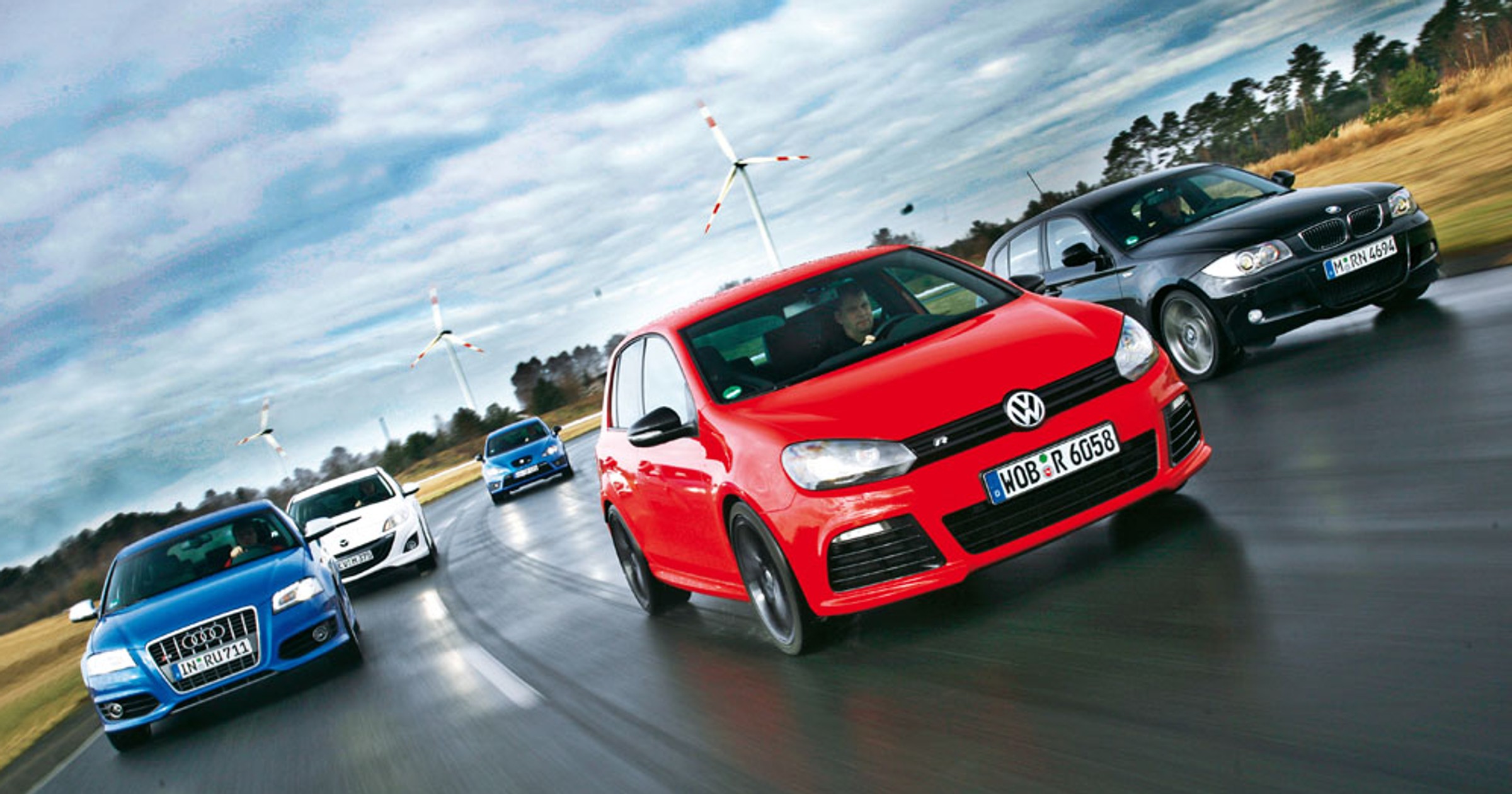 Który nadaje się na przewodnika stada? Pięć supersportowych kompaktów: Mazda 3MPS kontra BMW 130i, VW Golf R, Audi S3 i Seat Leon Cupra
