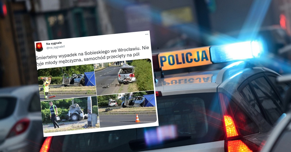 Przerażający wypadek we Wrocławiu. Samochód przecięty na pół [ZDJĘCIA] (fot. screen: Twitter/na_sygnale1)