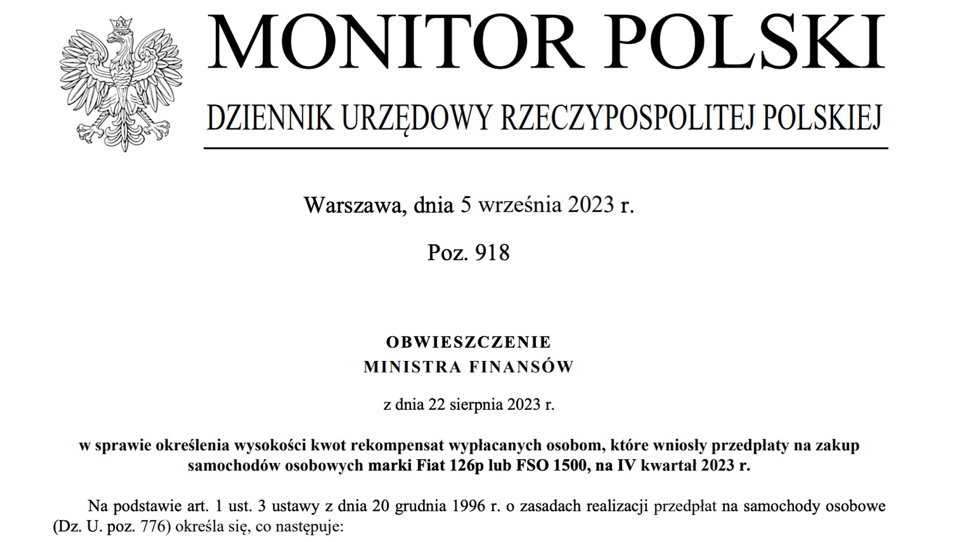 Rekompensaty za nieodebrane Fiaty 126p i FSO 1500 - IV kwartał 2023 r.