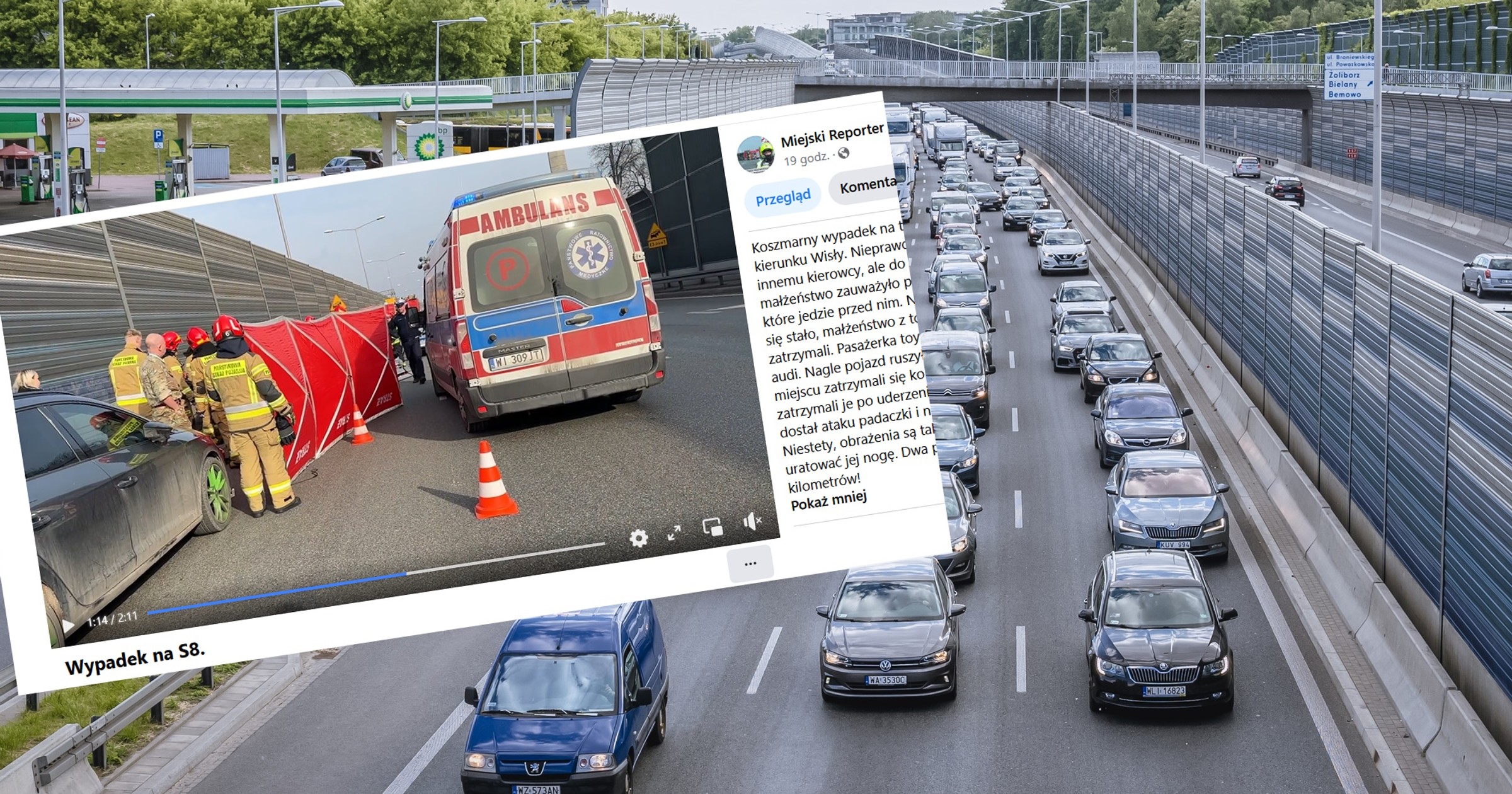 Dramatyczny wypadek na trasie S8 w Warszawie (Fot. Miejski Reporter/Facebook)