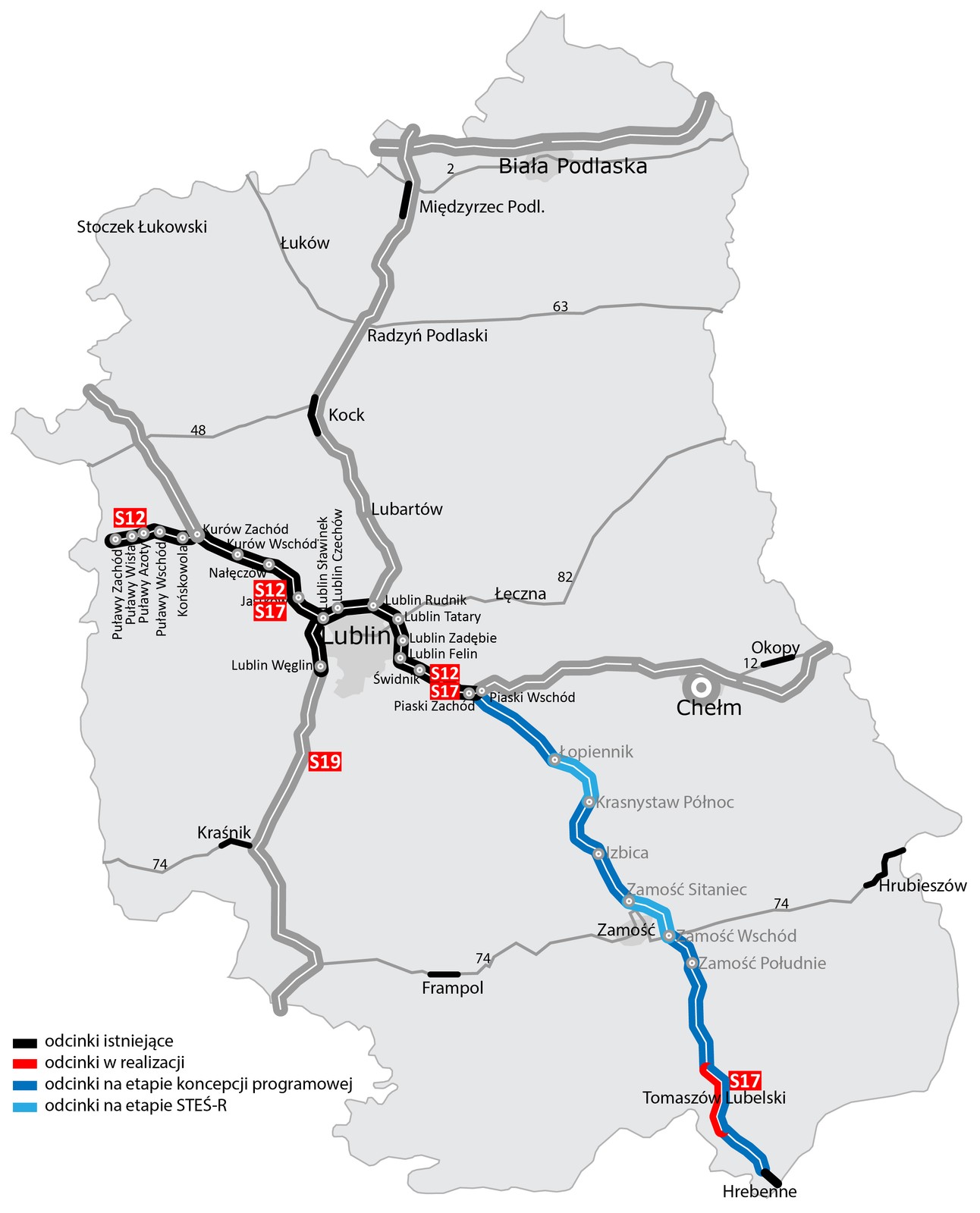 Mapa odcinka S17 Piaski - Hrebenne
