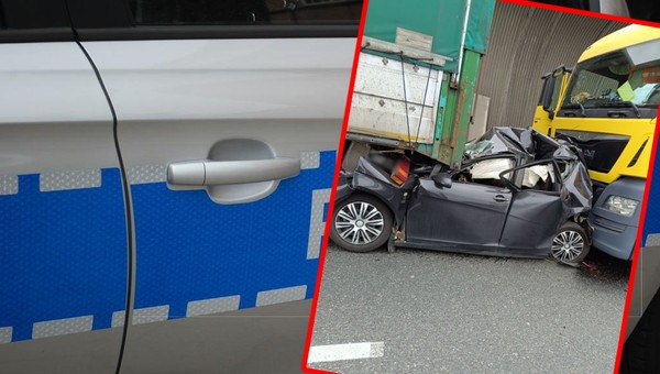 Nie zachował bezpiecznej odległości. Ciężarówki niemal zgniotły auto osobowe
