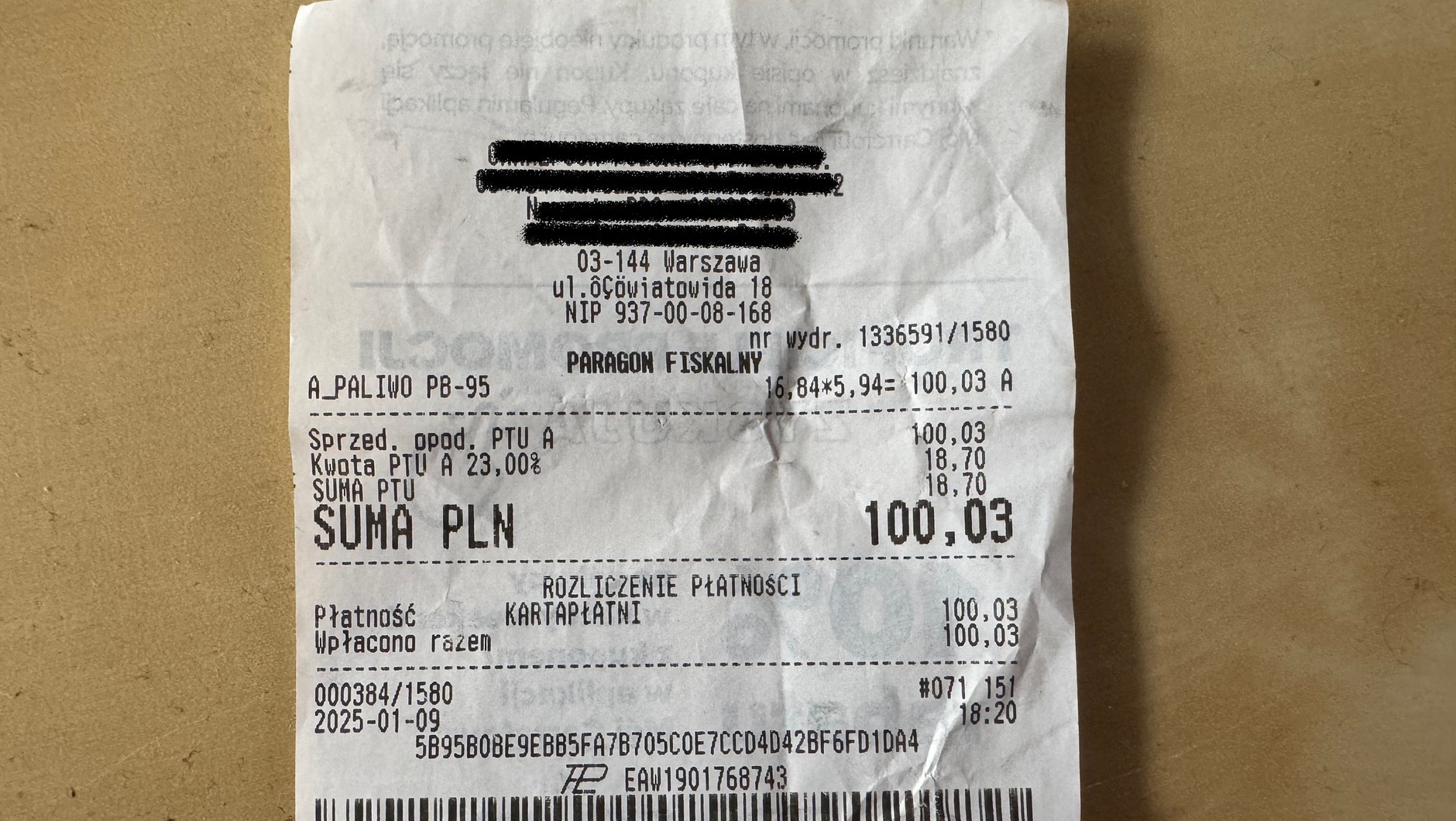 Paragon za tankowanie na stacji należącej do supermarketu z 9.01.2025 r.