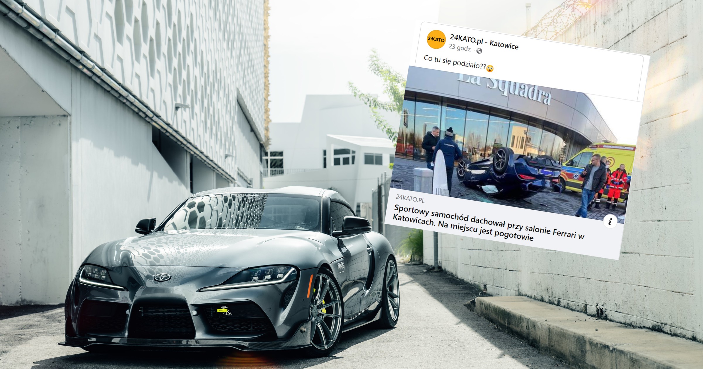 Kierowca dachował Toyotą Suprą przed salonem Ferrari w Katowicach (Fot. 24kato.pl/Facebook)
