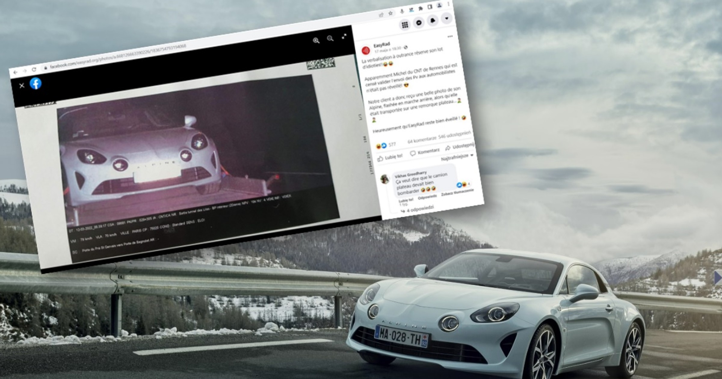 Dziwne zdjęcie z fotoradaru. Alpine A110 jechało za szybko lawetą