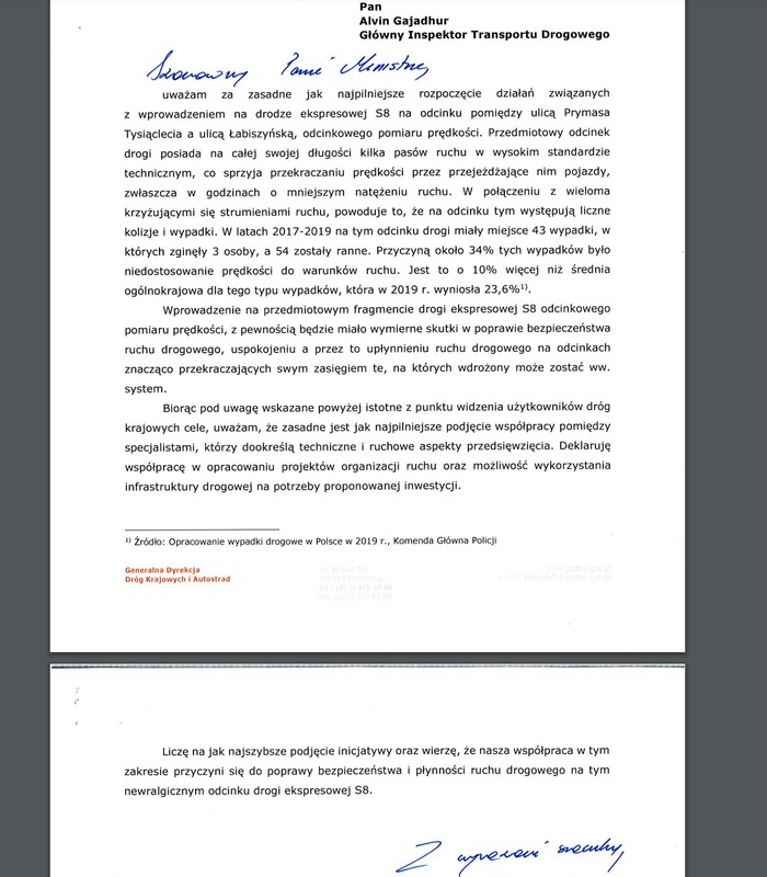 List FDDKiA do GITD w sprawie odcinkowych pomiarów prędkości