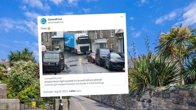 Nawigacja poprowadziła kierowcę 33-tonowej ciężarówki przez zbyt wąską uliczkę (Screen: Twitter.com/@CornwallLive)