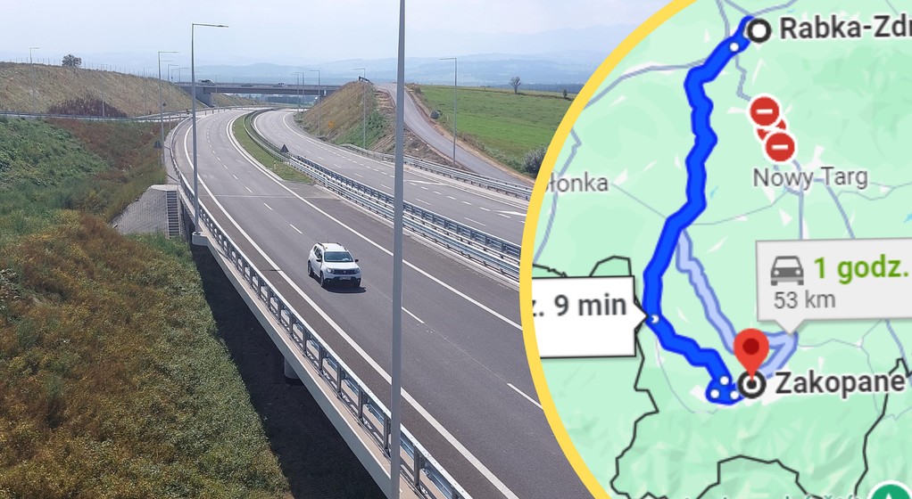 Tak obecnie Google Maps prowadzi do Zakopanego. Nowej zakopianki jeszcze "nie widzi" (Screen: Google Maps)
