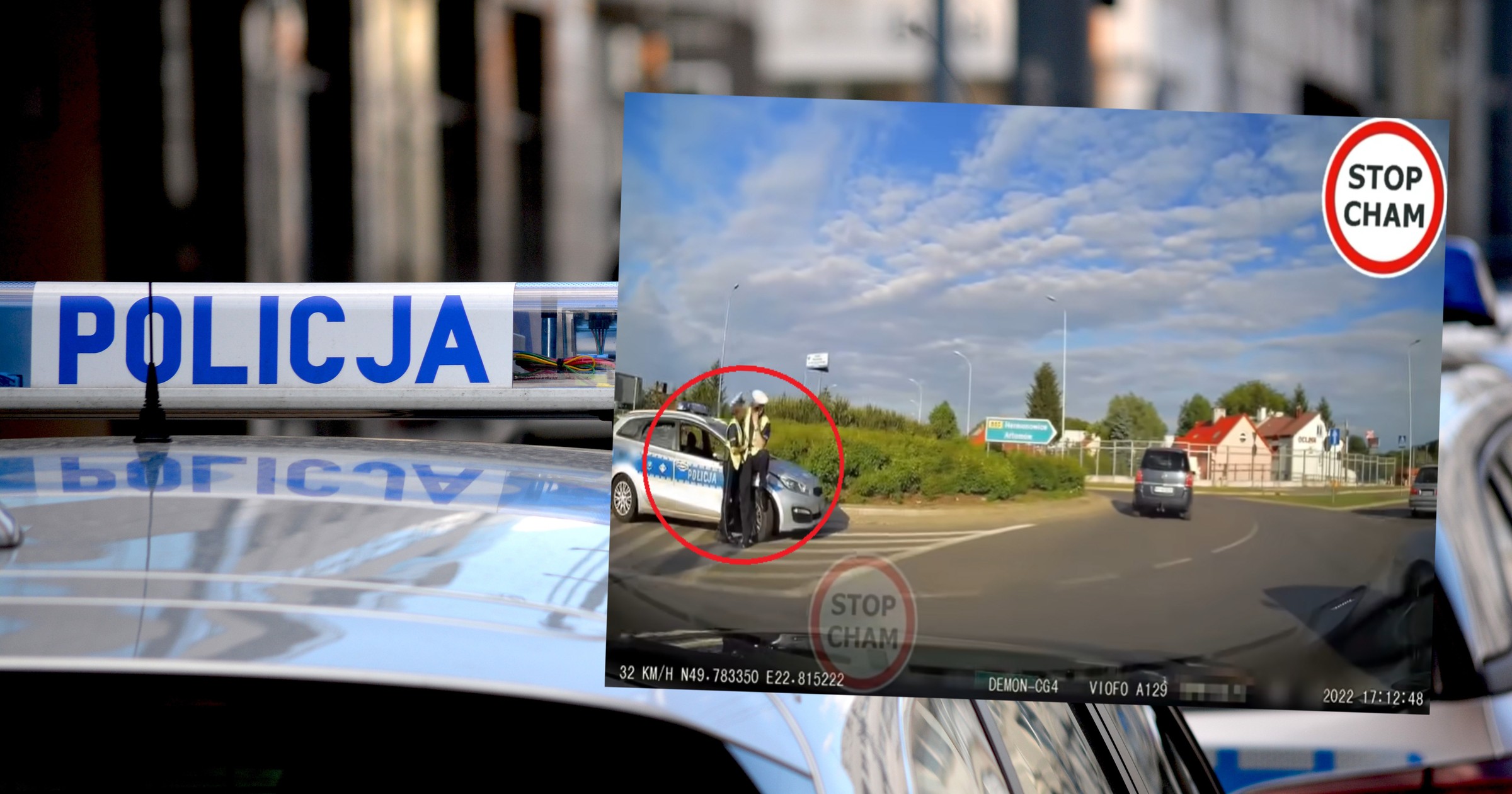 Policjanci obściskiwali się na rondzie w Przemyślu (screen: Youtube.com/STOPCHAM)
