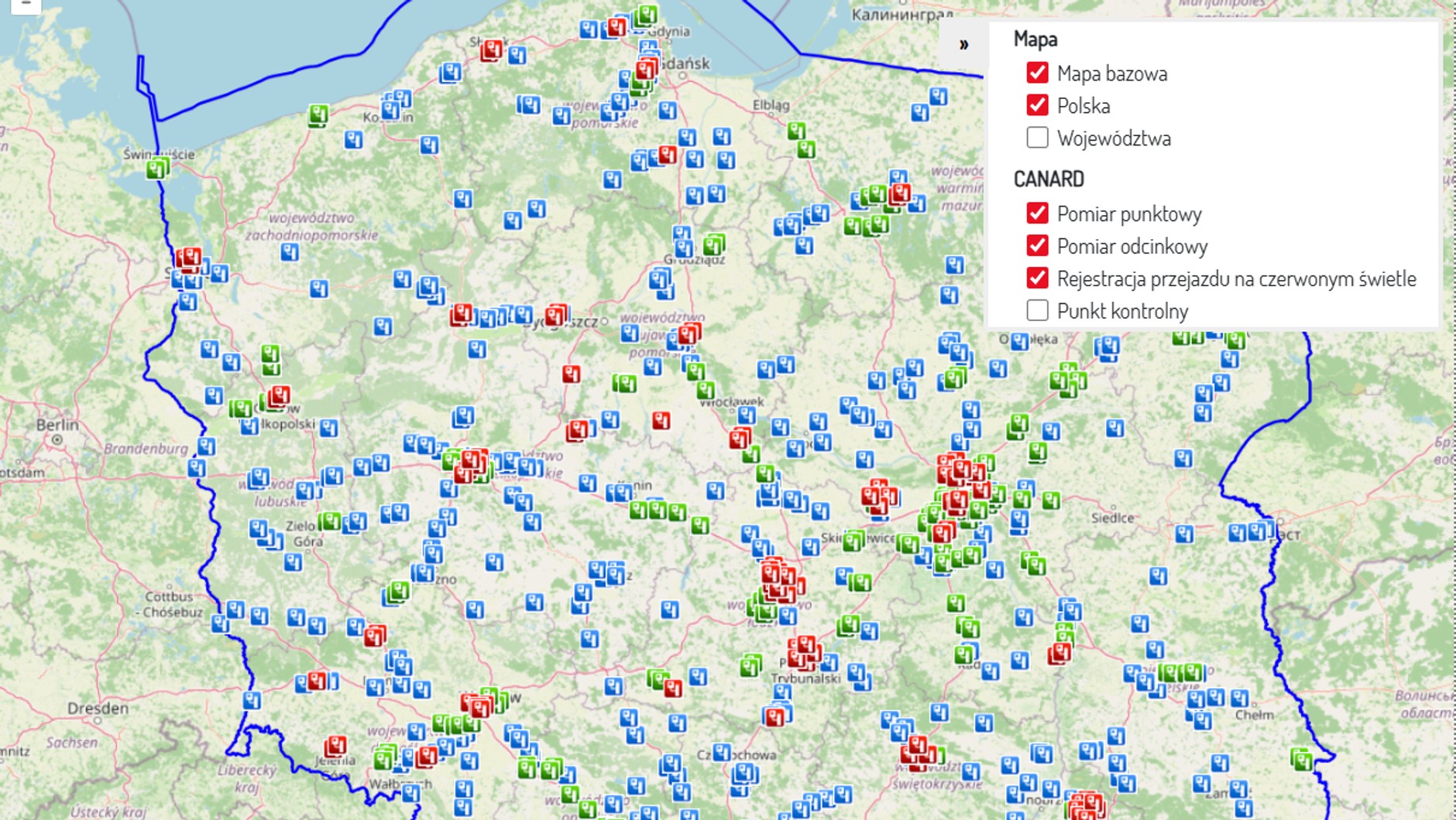 Mapa odcinkowych pomiarów prędkości i fotoradarów CANARD. Stan na 17.04.2026