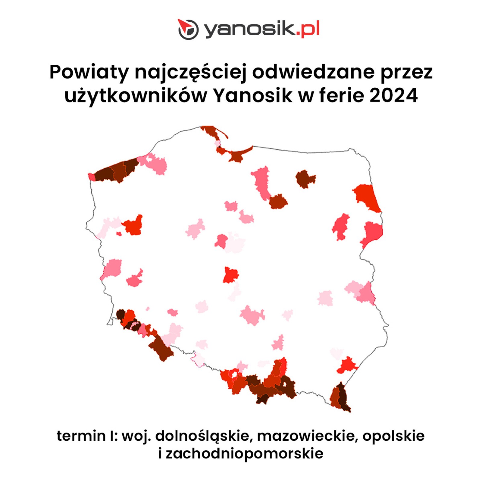 Powiaty najczęściej odwiedzane przez użytkowników Yanosika w ferie zimowe 2024 - 1 turnus