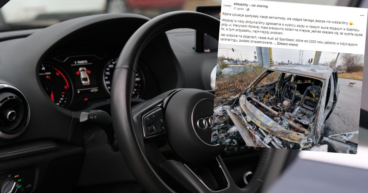 Zniszczone Audi A3 znaleziono w Gdańsku przy ul. Marynarki Polskiej (Fot. Facebook/4Mobility)