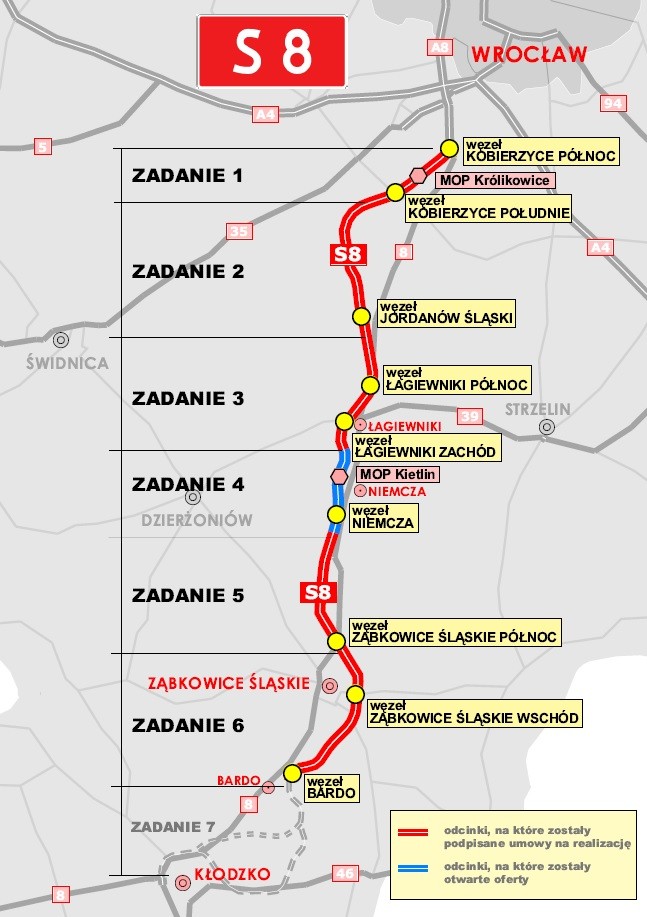 Mapa z poszczególnymi odcinkami budowanej drogi S8